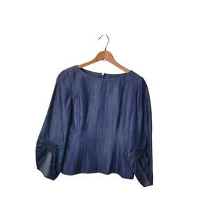 Tibi Revolve Blue Denim Wash Drape Corset Top Size 2 Ruched Sleeves Back Zip